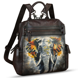 Genuine Leather Backpack for Women Hand Painted Knapsack Purse Handmade Rucksack Casual College Bag Convertible Daypack