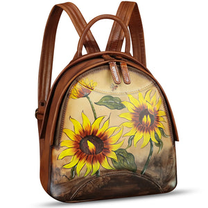 Genuine Leather Backpack for Women Hand Painted Purse Retro Leather Handmade College Knapsack Rucksack Casual Daypack