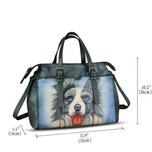 Genuine Leather Satchel for Women Hand Painted Pattern Handbag Top Handle Bags Handmade Crossbody Purse Work Tote