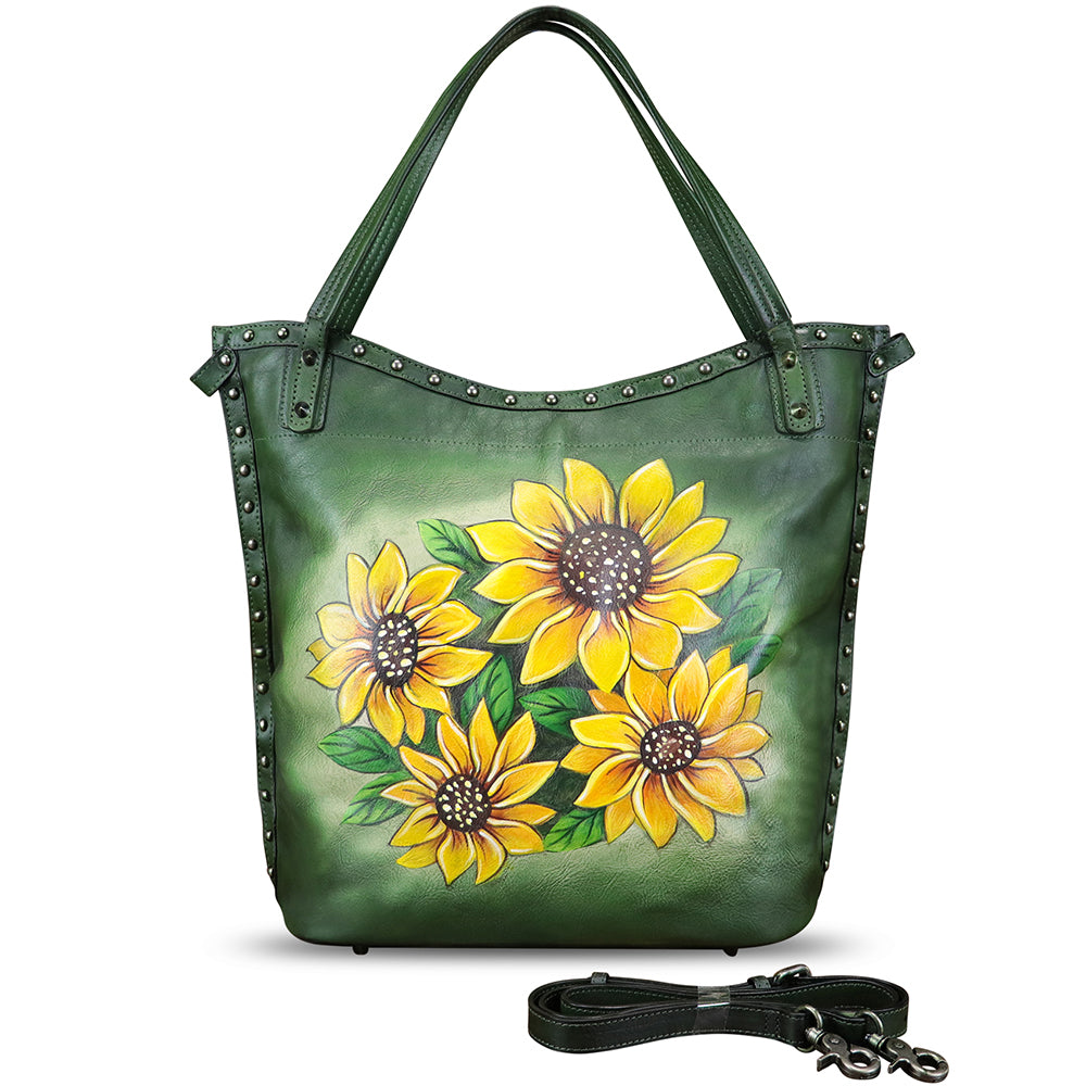 Genuine Leather Shoulder Bag for Women Hand Painted Leather Handbag Handmade Purse Crossbody Work Tote Bag Casual Purse