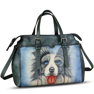 Genuine Leather Satchel for Women Hand Painted Pattern Handbag Top Handle Bags Handmade Crossbody Purse Work Tote