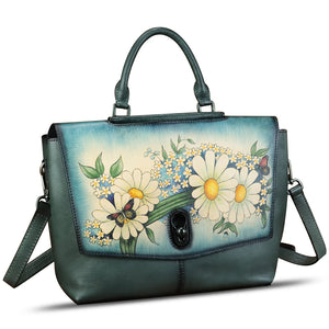 Genuine Leather Satchel for Women Hand Painted Handbag Top Handle Bags Handmade Purse Crossbody Tote Bag Purse