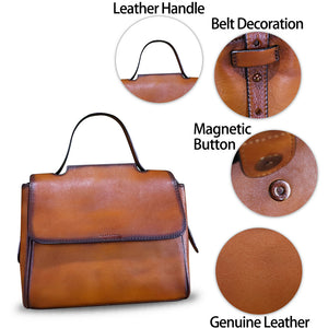 Genuine Leather Satchel for Women Handmade Vintage Top Handle Handbag Retro Cowhide Crossbody Handbags Purse