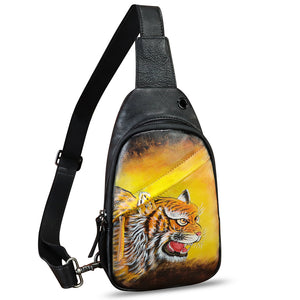 Genuine Leather Sling Bag Hand Painted Crossbody Backpack Retro Handmade Chest Shoulder Daypack Fanny Pack Purse