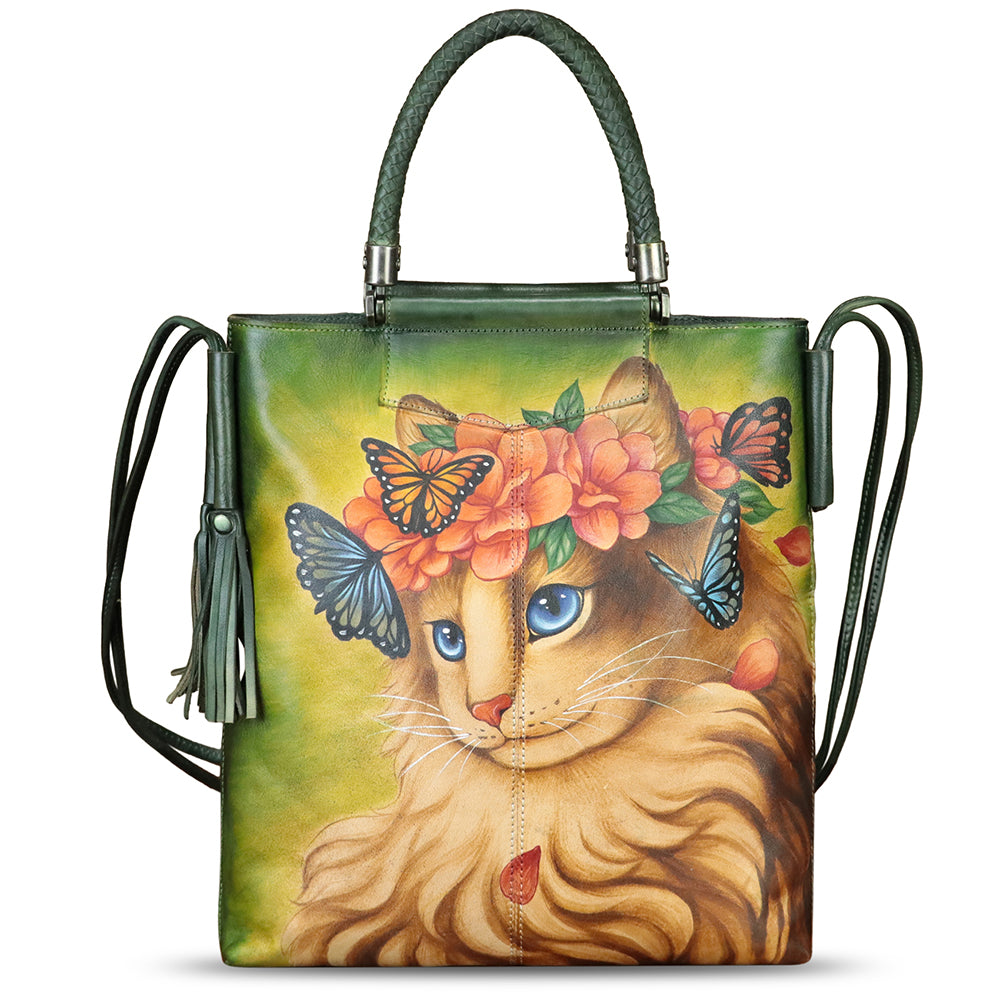 Genuine Leather Handbag for Women Hand Painted Leather Top Handle Bag Handmade Crossbody Purse Work Tote Bag