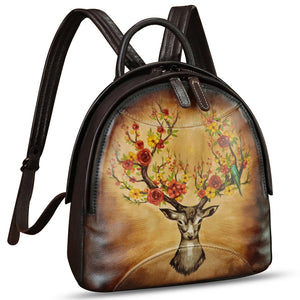 Genuine Leather Backpack for Women Hand Painted Purse Retro Leather Handmade College Knapsack Rucksack Casual Daypack