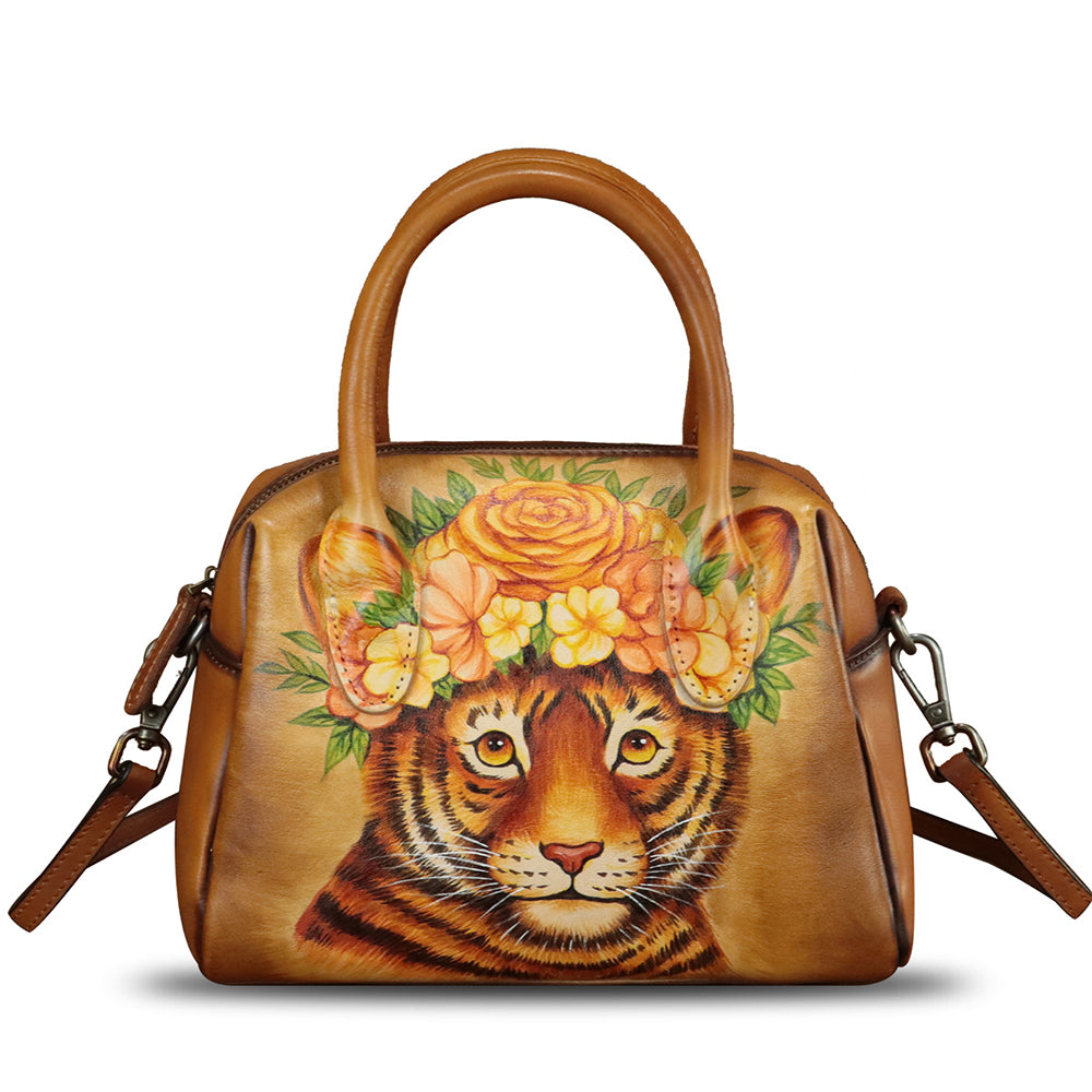Genuine Leather Handbag for Women Hand Painted Top Handle Purse Retro Handmade Satchel Vintage Crossbody Hobo Bag
