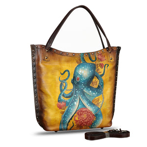 Genuine Leather Shoulder Bag for Women Hand Painted Leather Handbag Handmade Purse Crossbody Work Tote Bag Casual Purse