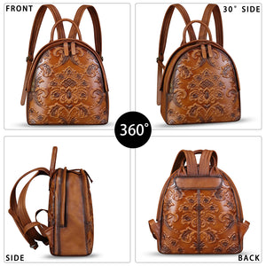 Genuine Leather Backpack for Women Purse Retro Embossed Leather Knapsack Handmade Rucksack Casual Daypack