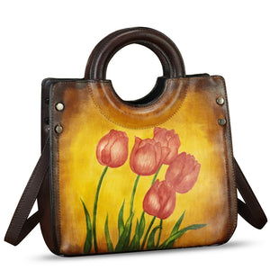 Genuine Leather Tote Bag for Women Hand Painted Leather Shoulder Handbag Handmade Purse Crossbody Work Tote Casual Purse