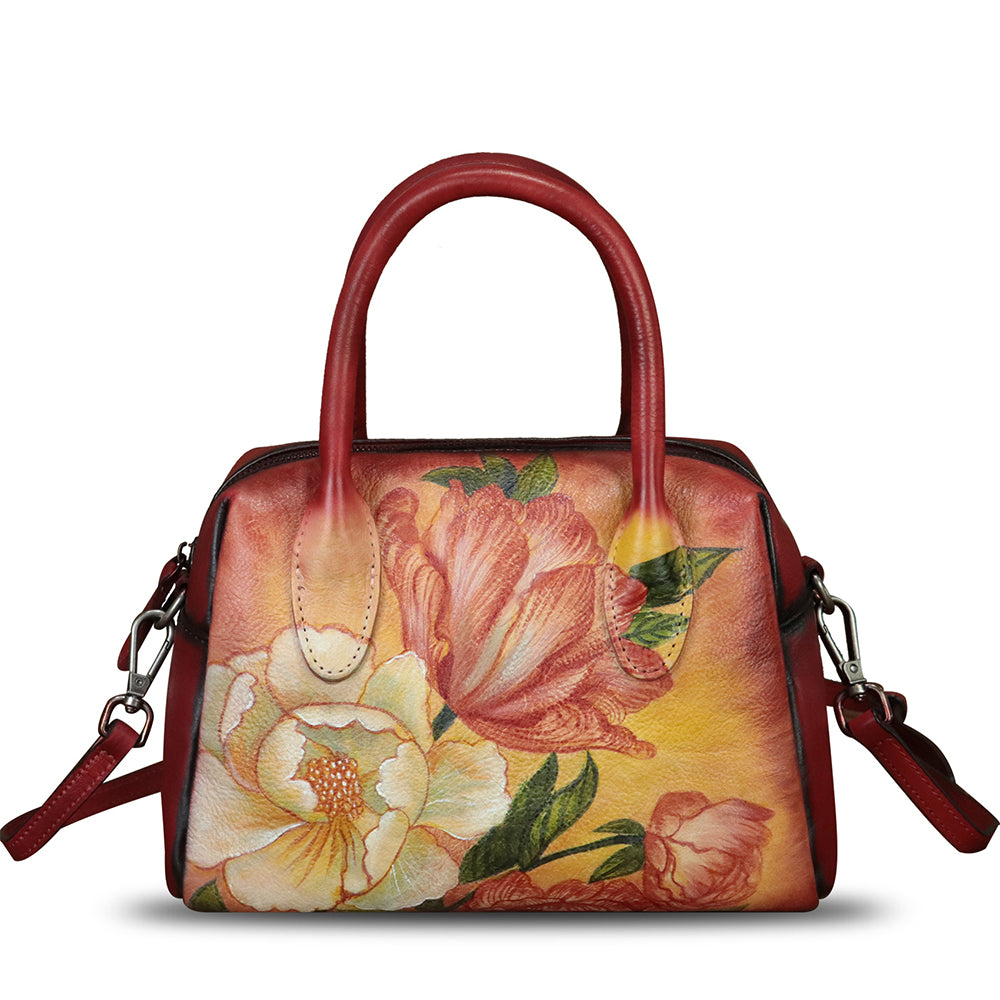 Genuine Leather Handbag for Women Hand Painted Top Handle Purse Retro Handmade Satchel Vintage Crossbody Hobo Bag