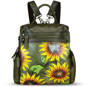 Genuine Leather Backpack for Women Hand Painted Knapsack Purse Handmade Rucksack Casual College Bag Convertible Daypack