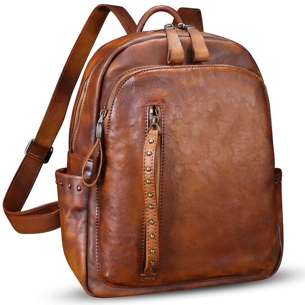 Genuine Leather Backpack Purse for Women Vintage Casual Daypack College Bag Handmade Cowhide Western Rivets Rucksack
