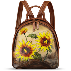 Genuine Leather Backpack for Women Hand Painted Purse Retro Leather Handmade College Knapsack Rucksack Casual Daypack