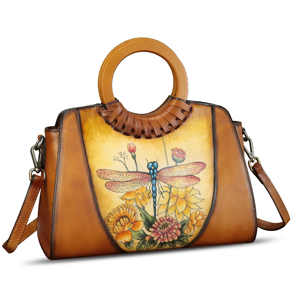 Genuine Leather Tote Bag for Women Hand Painted Shoulder Handbag Handmade Purse Crossbody Work Tote Casual Purse