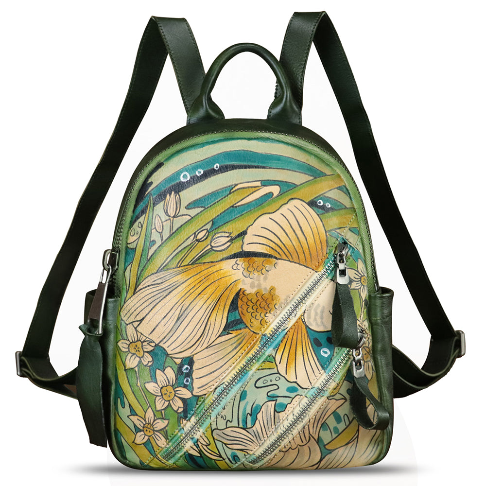 Genuine Leather Backpack for Women Hand Painted Knapsack Purse Handmade Rucksack Casual Daypack
