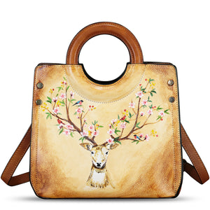 Genuine Leather Tote Bag for Women Hand Painted Leather Shoulder Handbag Handmade Purse Crossbody Work Tote Casual Purse