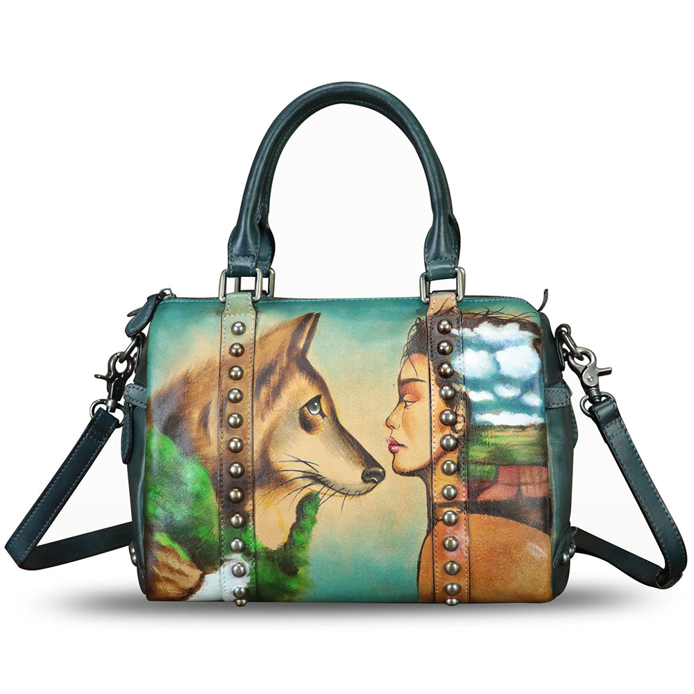 Genuine Leather Satchel for Women Hand Painted Leather Handbag Top Handle Bags Handmade Purse Crossbody Tote Bag