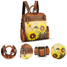 Load image into Gallery viewer, Genuine Leather Backpack for Women Hand Painted Knapsack Purse Handmade Rucksack Casual College Bag Convertible Daypack
