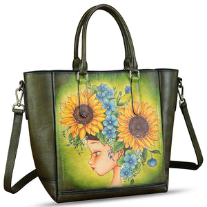 Genuine Leather Handbag for Women Hand Painted Leather Top Handle Satchel Handmade Crossbody Purse Tote Bag