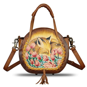 Genuine Leather Handbag for Women Purse Hand Painted Pattern Top Handle Satchel Handmade Crossbody Pouch