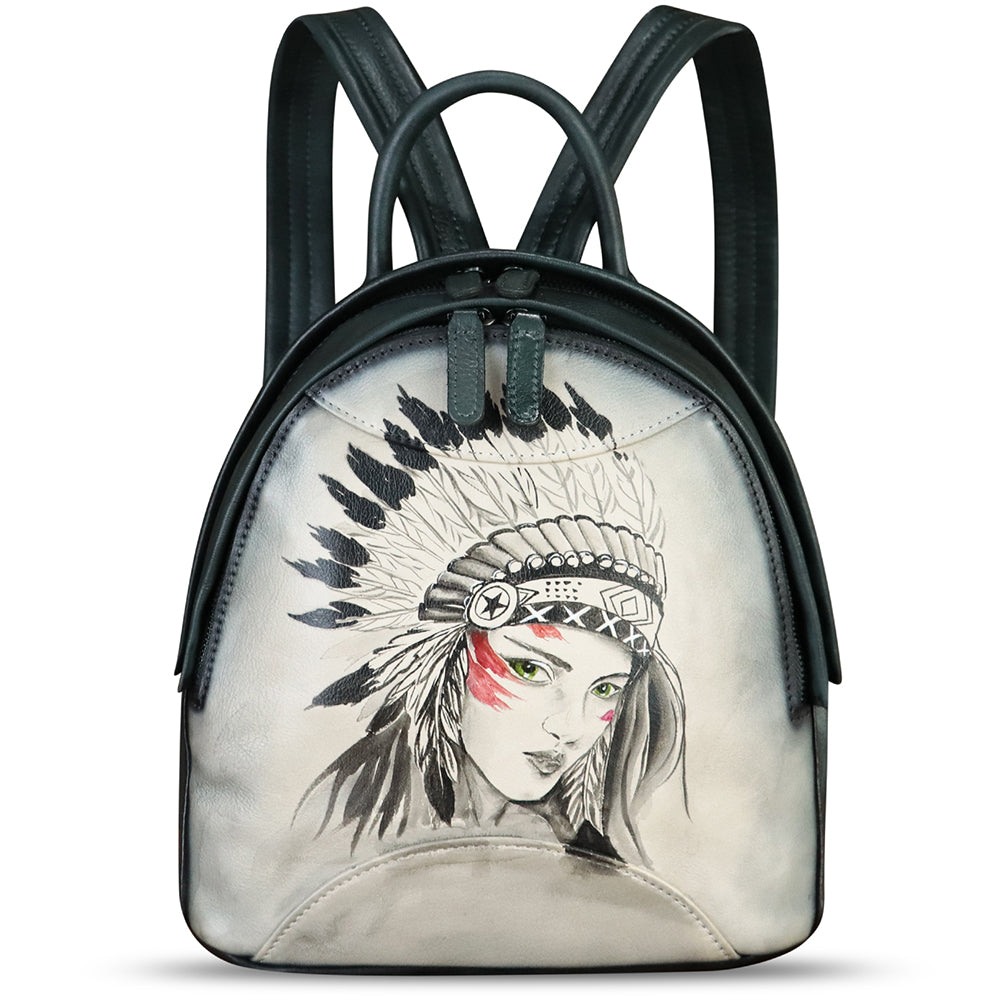 Genuine Leather Backpack for Women Hand Painted Purse Retro Leather Handmade College Knapsack Rucksack Casual Daypack