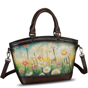 Genuine Leather Handbag Purse for Women Hand Painted Shoulder Handbag Handmade Purse Crossbody Work Tote Casual Bag