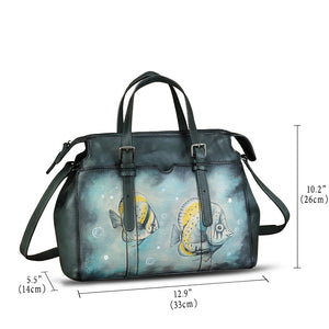 Genuine Leather Satchel for Women Hand Painted Pattern Handbag Top Handle Bags Handmade Crossbody Purse Work Tote