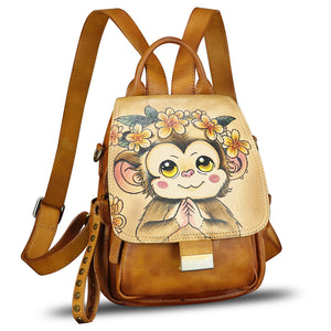 Genuine Leather Backpack for Women Hand Painted Knapsack Purse Designer Handmade Rucksack Casual Daypack