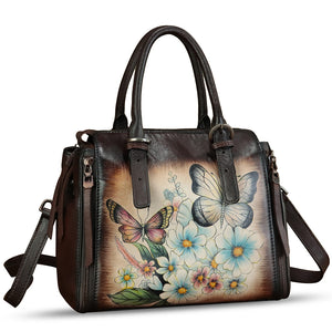 Genuine Leather Handbag for Women Hand Painted Leather Top Handle Purse Handmade Crossbody Satchel Tote Bag