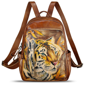 Genuine Leather Backpack for Women Hand Painted Rivet Knapsack Purse Handmade Rucksack Casual Daypack