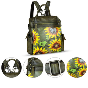 Genuine Leather Backpack for Women Hand Painted Knapsack Purse Handmade Rucksack Casual College Bag Convertible Daypack