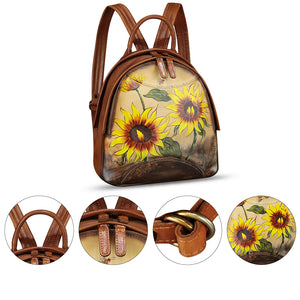 Genuine Leather Backpack for Women Hand Painted Purse Retro Leather Handmade College Knapsack Rucksack Casual Daypack