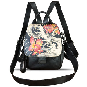 Genuine Leather Backpack for Women Hand Painted Knapsack Purse Designer Handmade Rucksack Casual Daypack