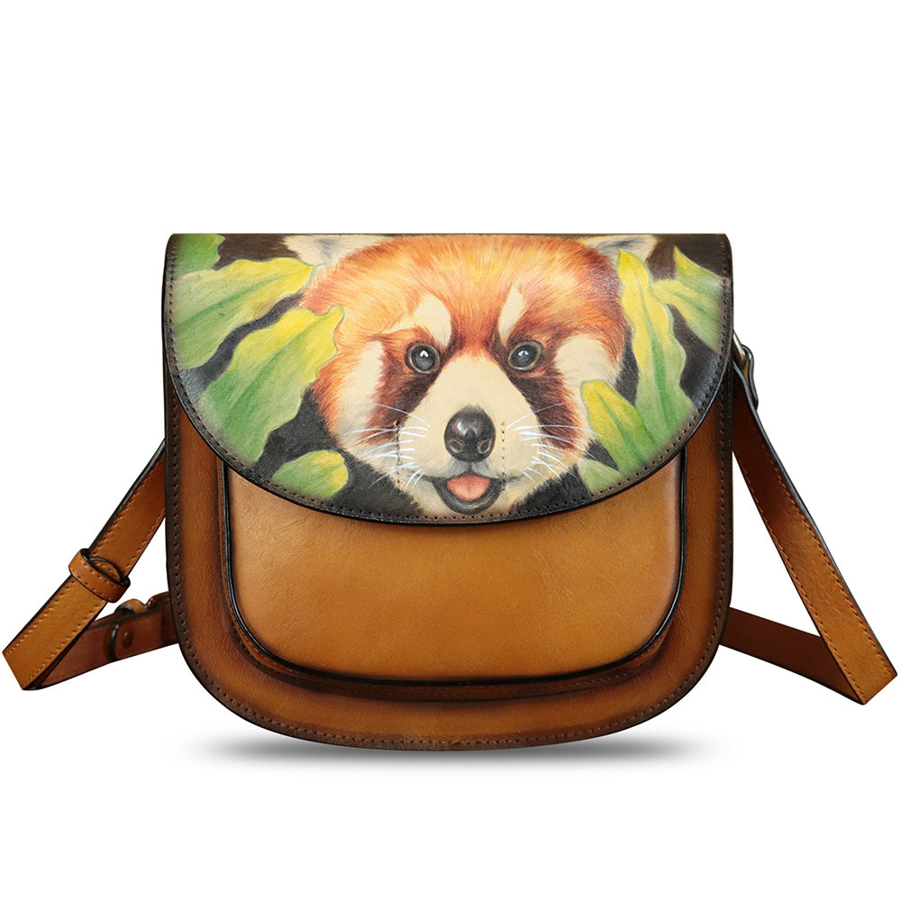 Genuine Leather Crossbody Bag for Women Hand Painted Pattern Handmade Crossbody Satchel Handbag Hand Drawn Purse