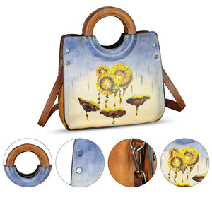 Genuine Leather Tote Bag for Women Hand Painted Leather Shoulder Handbag Handmade Purse Crossbody Work Tote Casual Purse