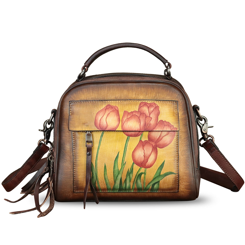 Genuine Leather Satchel for Women Hand Painted Leather Top Handle Handbag Handmade Crossbody Purse