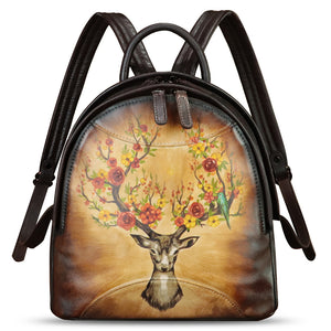 Genuine Leather Backpack for Women Hand Painted Purse Retro Leather Handmade College Knapsack Rucksack Casual Daypack