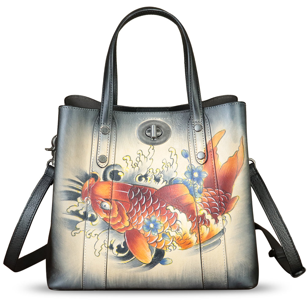 Genuine Leather Handbag Satchel for Women Hand Painted Leather Handmade Work Tote Bag Casual Shoulder Purse