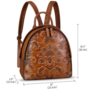 Genuine Leather Backpack for Women Purse Retro Embossed Leather Knapsack Handmade Rucksack Casual Daypack