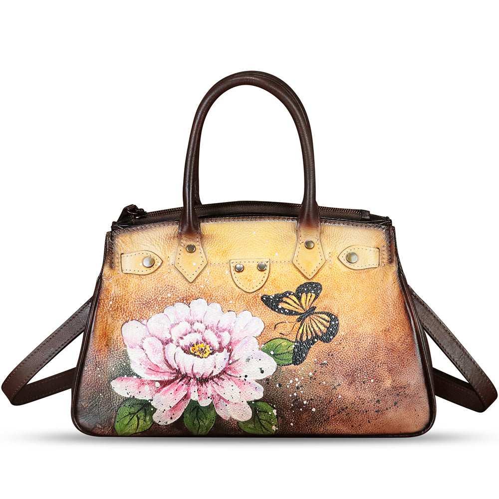 Genuine Leather Satchel for Women Hand Painted Leather Handbag Top Handle Bags Handmade Crossbody Purse Work Tote