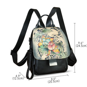 Genuine Leather Backpack for Women Hand Painted Knapsack Purse Designer Handmade Rucksack Casual Daypack
