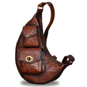 Genuine Leather Large Sling Bag for Men and Women Vintage Real Leather Sling Backpack Shoulder Crossbody Bag Chest Bag