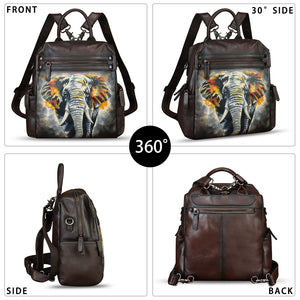 Genuine Leather Backpack for Women Hand Painted Knapsack Purse Handmade Rucksack Casual College Bag Convertible Daypack