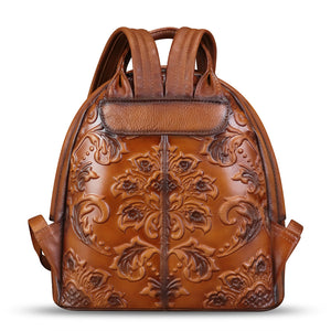 Genuine Leather Backpack for Women Purse Retro Embossed Leather Knapsack Handmade Rucksack Casual Daypack