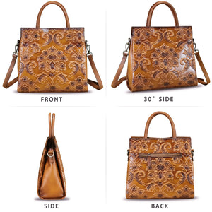 Genuine Leather Satchel for Women Top Handle Handbag Handmade Embossed Vintage Satchel Crossbody Handbags Purse Bag