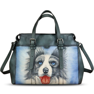 Genuine Leather Satchel for Women Hand Painted Pattern Handbag Top Handle Bags Handmade Crossbody Purse Work Tote