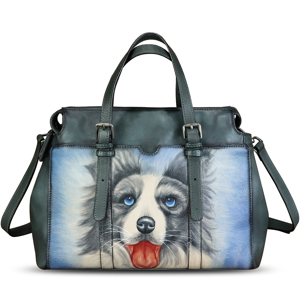 Genuine Leather Satchel for Women Hand Painted Pattern Handbag Top Handle Bags Handmade Crossbody Purse Work Tote