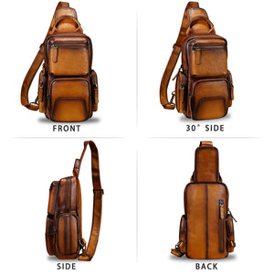 IVTG Genuine Leather Sling Bag Crossbody Casual Hiking Daypack Vintage Handmade Chest Bag Shoulder Backpack Motorcycle Pack