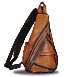 Genuine Leather Sling Bag for Men and Women Vintage Sling Backpack Shoulder Crossbody Bag Chest Bag for Ipad W0722